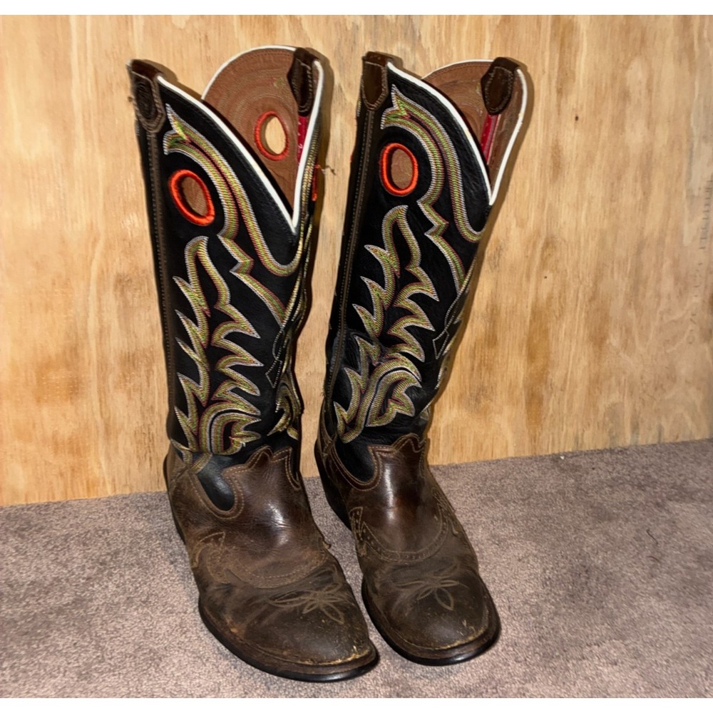 Tony Lama 3R Buckaroo Cowboy Boots Mens 10.5 D Black Brown Leather Pull Holes